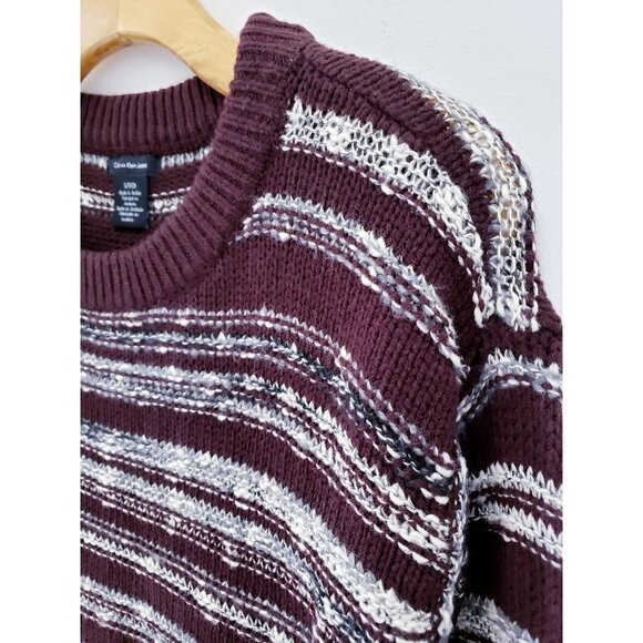 Calvin Klein Knit Pullover Sweater Plum Purple White Striped Long Sleeve S New - Picture 6 of 9